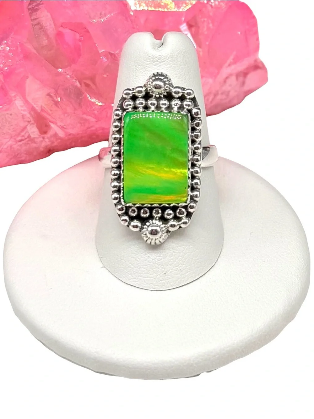 Aurora Fire Opal Ring Size 8 Solid 925 Sterling Silver Aura Lime Green